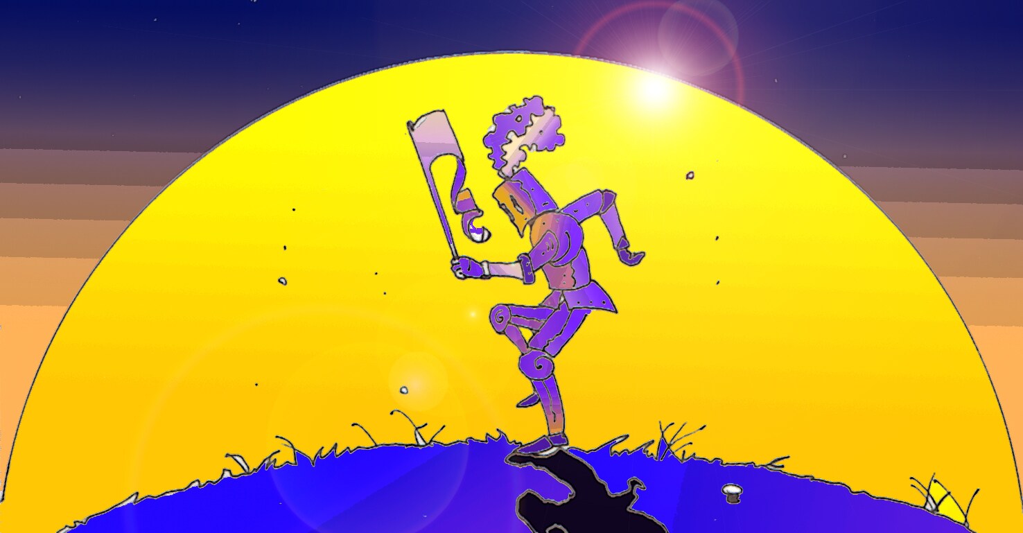 Immagine di Astolfo danzante sulla Luna (Per leggerne la descrizione proseguire nel link). Si vede il cavaliere in armatura, con l'asta della bandiera impugnata nella mano sinistra, in un passo di danza. La sua figura scura &egrave; a contrasto con la luce della semisfera della Luna che campeggia sullo sfondo. Sul suolo si vede la sua ombra proiettata.