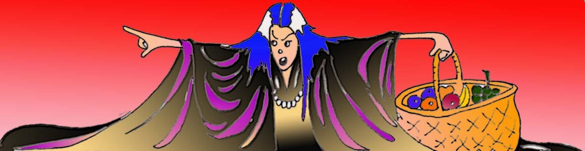 Immagine di Eris, in figura intera, avvolta da un ampio mantello nero (Per leggerne la descrizione proseguire nel link). Si vede il personaggio molto adirato che alza il braccio destro per additare qualcuno. Ha i capelli blu e una vistosa collana di perle. Nella mano sinistra tiene un cesto di vimini pieno di frutta.