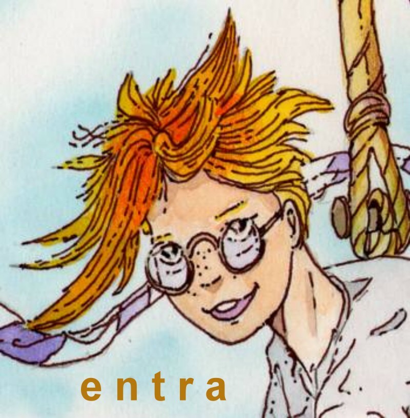 Entra nel Diario di Jackie! Immagine di Jackie Astronotus che si affaccia dall'abitacolo della mongolfiera. I capelli mossi ci fanno capire la direzione del vento che spinge la mongolfiera da destra verso sinistra. Jackie e&grave; sorridente ed ha un'aria, dietro i suoi occhiali tondi, molto soddisfatta.