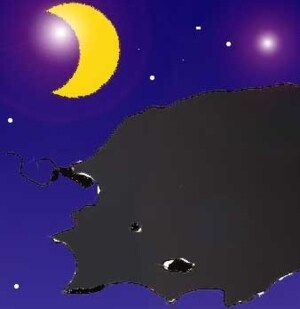 Particolare del cielo con la luna e con il lembo di bandiera, nero e lacero.
