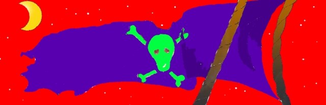 Immagine di una bandiera nera da pirata (Per leggerne la descrizione proseguire nel link). Sullo sfondo di un cielo notturno stellato e rischiarato da una falce di luna, sventola una bandiera nera, lacera ai bordi, in cui campeggia al centro un teschio, con quattro ossa diagonali ai lati. Tipico vessillo dei pirati.