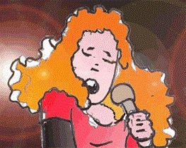 Una ragazza dai capelli rossi canta a un microfono.