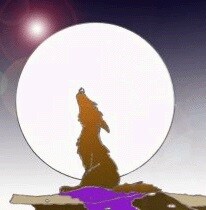 Un lupo seduto rivolto verso sinistra, mentre ulula alla luna.