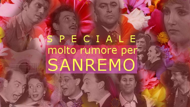 La scritta 'Speciale molto rumore per SANREMO' su uno sfondo composto dalle foto dei volti di alcuni dei conduttori e cantanti della storia di Sanremo e dai tradizionali fiori di Sanremo.