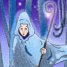 Figura di un ragazzo, avvolto da un mantello con cappuccio color carta da zucchero, che tiene un alto bastone dalla punta ritorta nella mano sinistra. Sullo sfondo tronchi e rami di alberi in un bosco notturno.