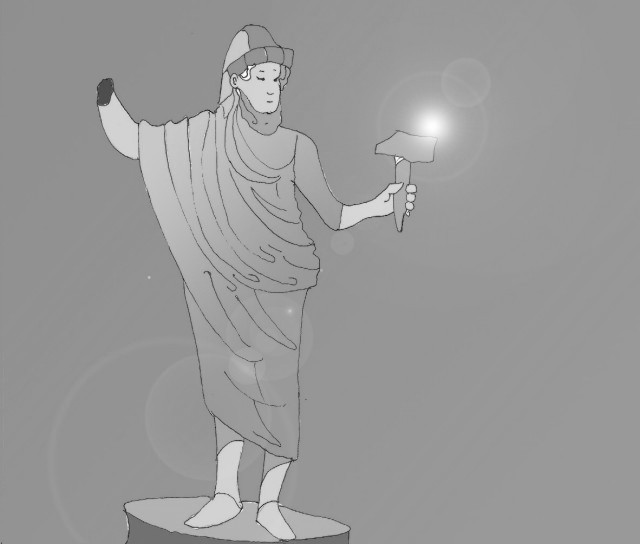 Disegno in bianco e nero di una statua romana: un giovane con veste drappeggiata e copricapo, ha il braccio destro parzialmente.