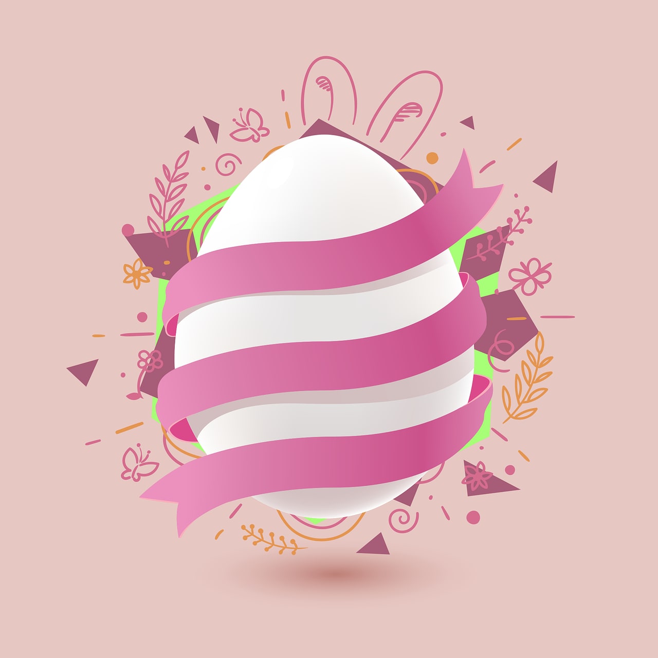 Un uovo bianco contornato da sfondo e nastri delle tonalità del rosa.