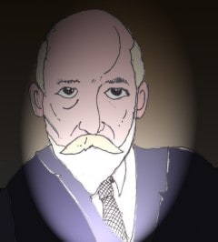 Ritratto di Pirandello a mezzo busto (Per leggerne la descrizione proseguire nel link) Occhio di bue ovvero luce da riflettore sulla figura del grande letterato. La fronte alta e calva, gli occhi intensi, pizzetto e baffi a tratteggiare il volto. E'  vestito con giacca di colore grigio e cravatta