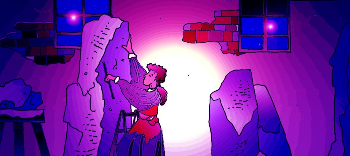 Immagine virata di Camille Claudell nell'atto di lavorare, sulla scaletta davanti a un blocco di marmo.