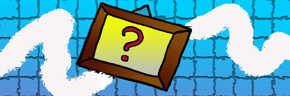 Cornice composta dalla figura di un quadro raffigurante un punto interrogativo di colore rosso. Sullo sfondo un motivo decorativo di colore bianco in campo quadrettato  azzurro 