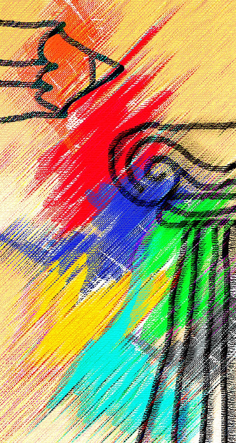 Immagine verticale. Sullo sfondo tratteggiato di campiture multicolore, linee a matita nera che compongono  la figura di una mezza colonna (in senso longitudianle) con capitello e in alto la punta di una matita