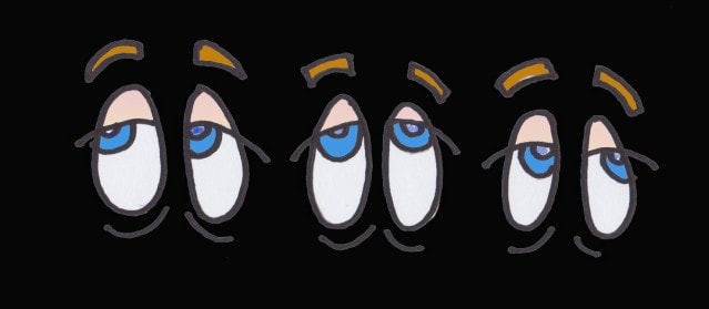 Immagine di tre paia di occhi fumettati (Per leggerne la descrizione proseguire nel link) Gli occhi sono ovali e languidi, su sfondo nero.